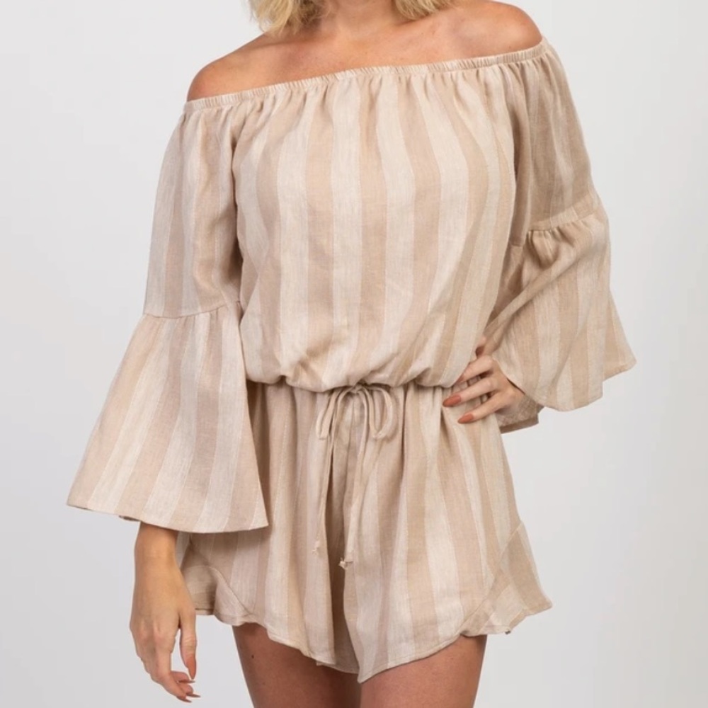 Sage Taupe Striped Off Shoulder Bell Sleeve Romper